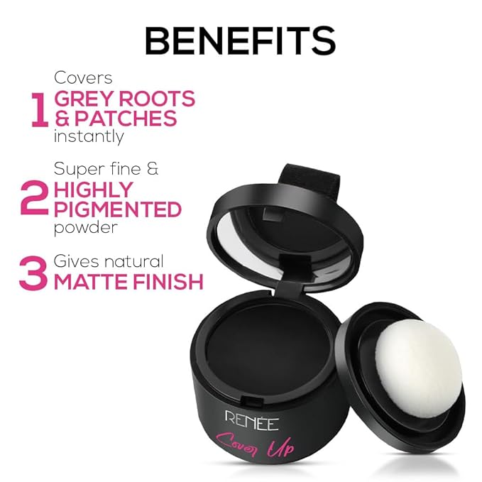 RENEE Cover-Up Hair Powder - Black | Covers Grey Roots & Bald Spots Instantly | Highly Pigmented, Fuller & Denser Look | Long-Lasting | Matte Finish | Fine Powder | Flawless Application | 4gm