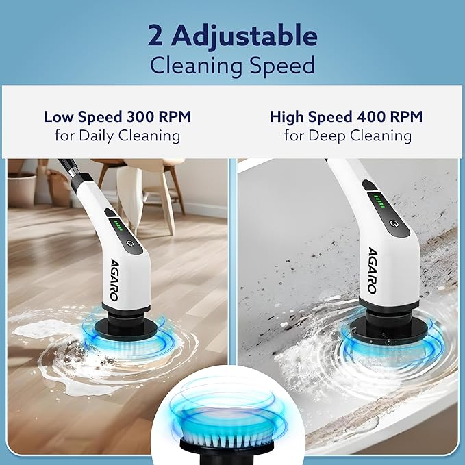 Royal Electric Spin Scrubber, Cleaning Brush Scrubber for Home, 400RPM/Min, 8 Replaceable Brush Heads, 90 Min Work Time, 3 Adjustable Size, 2 Adjustable Speeds, for Bathroom, Floor Tiles, White