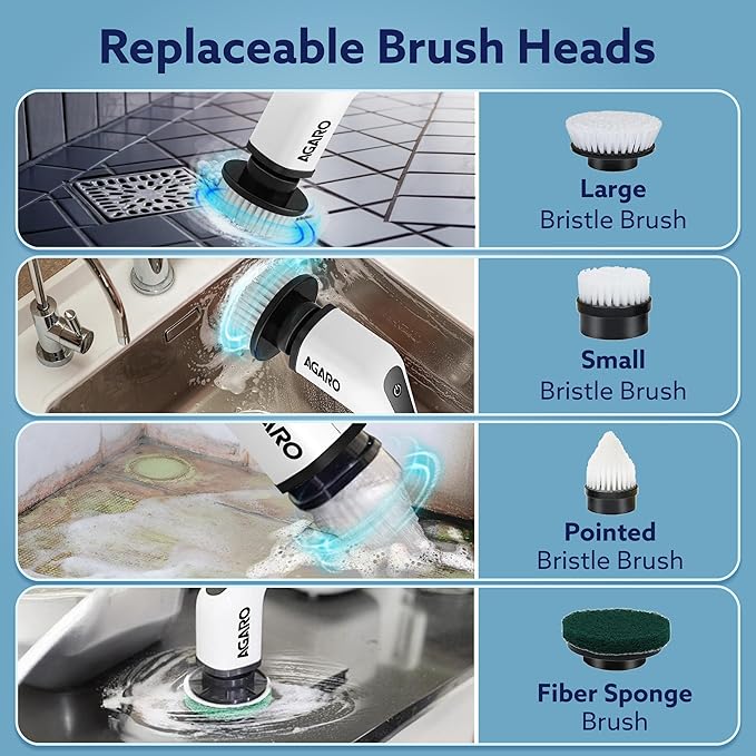 Royal Electric Spin Scrubber, Cleaning Brush Scrubber for Home, 400RPM/Min, 8 Replaceable Brush Heads, 90 Min Work Time, 3 Adjustable Size, 2 Adjustable Speeds, for Bathroom, Floor Tiles, White