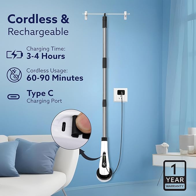 Royal Electric Spin Scrubber, Cleaning Brush Scrubber for Home, 400RPM/Min, 8 Replaceable Brush Heads, 90 Min Work Time, 3 Adjustable Size, 2 Adjustable Speeds, for Bathroom, Floor Tiles, White