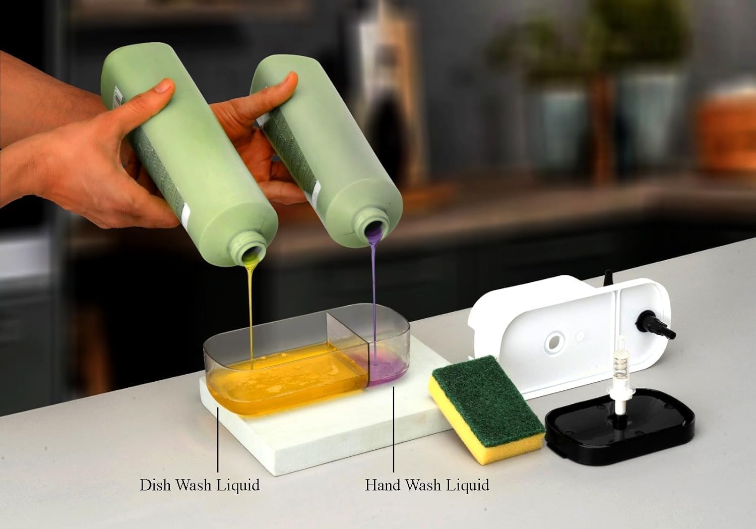 3 in 1 Soap Pump Dispenser Dish Soap And (3 Pack) Non-Scratch Dish Wash Cloth,