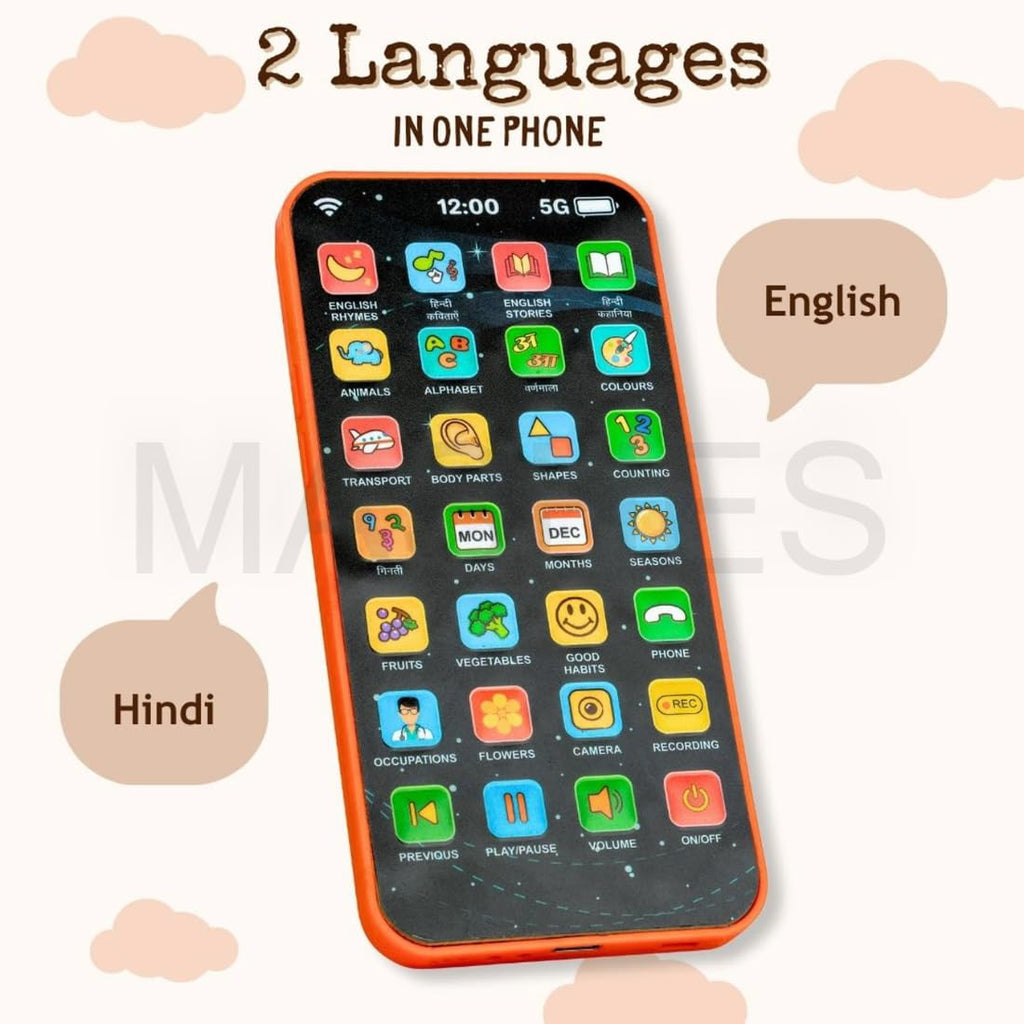 Educational Phone Toy for 2-12 Years Kids Rechargeable 24 Modes Talking Baby Smart Phone Mobile Toy for Boys Girls Christmas Gift Birthday Surprise (Hindi & English Version)