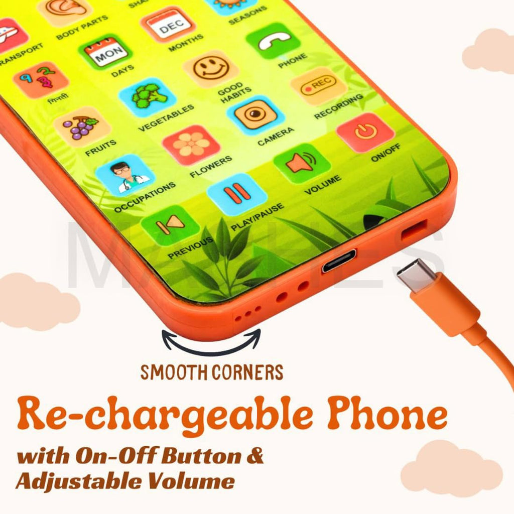 Educational Phone Toy for 2-12 Years Kids Rechargeable 24 Modes Talking Baby Smart Phone Mobile Toy for Boys Girls Christmas Gift Birthday Surprise (Hindi & English Version)