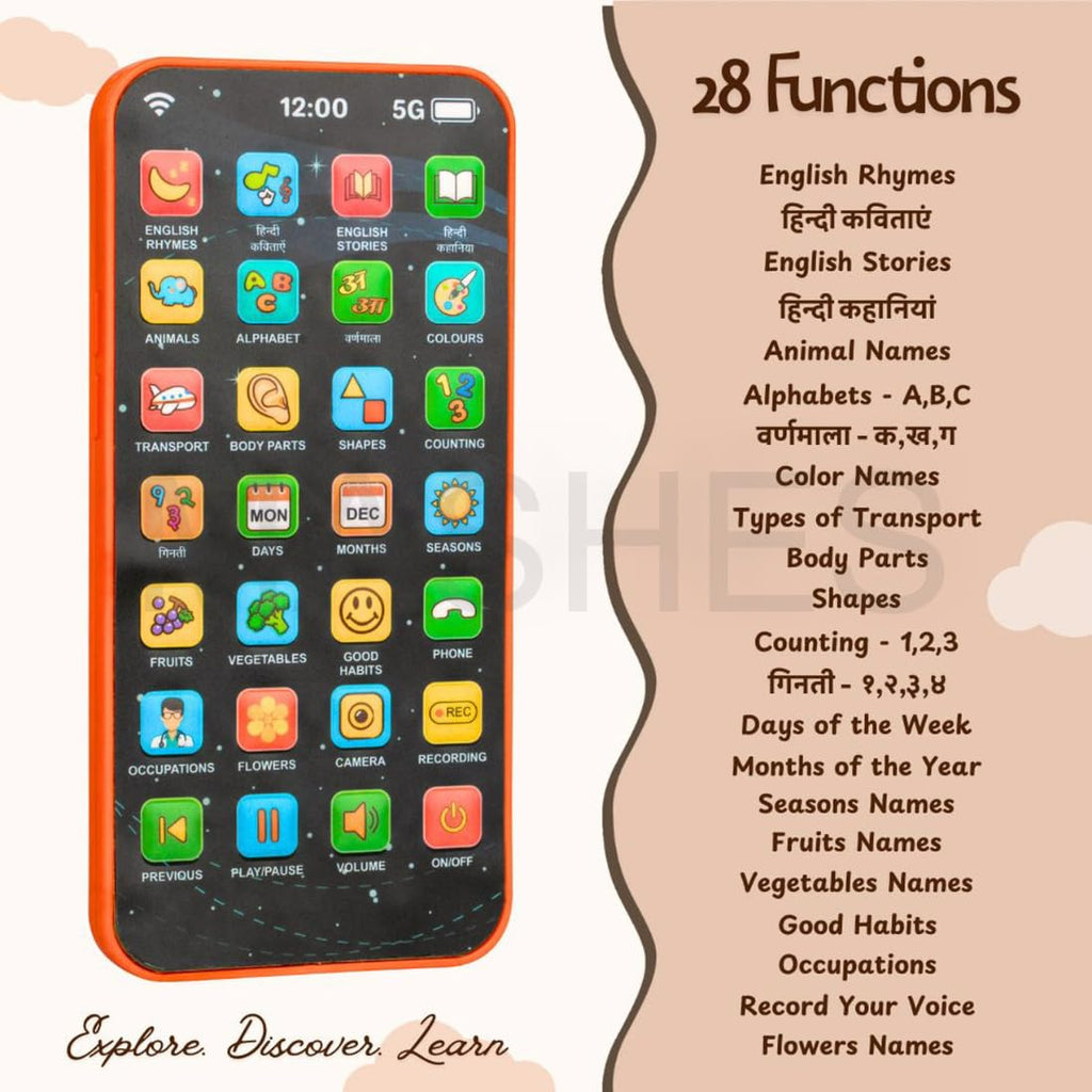 Educational Phone Toy for 2-12 Years Kids Rechargeable 24 Modes Talking Baby Smart Phone Mobile Toy for Boys Girls Christmas Gift Birthday Surprise (Hindi & English Version)