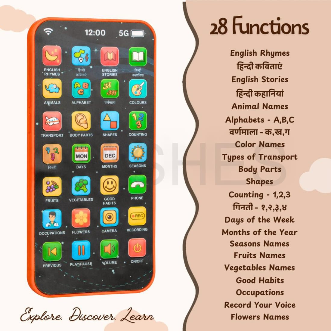Educational Phone Toy for 2-12 Years Kids Rechargeable 24 Modes Talking Baby Smart Phone Mobile Toy for Boys Girls Christmas Gift Birthday Surprise (Hindi & English Version)